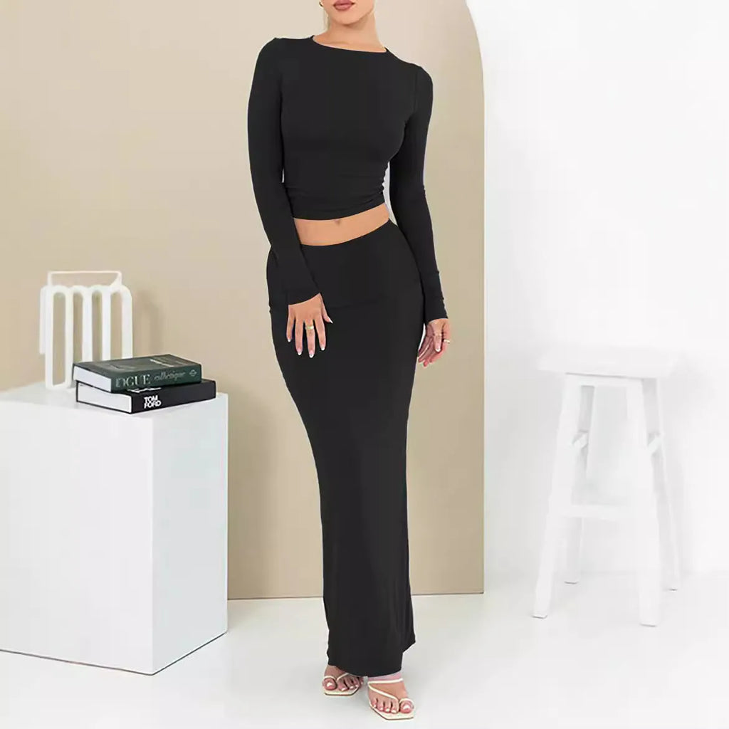 Women's autumn two-piece suit with three-quarter sleeve top and long skirt in pure colour options