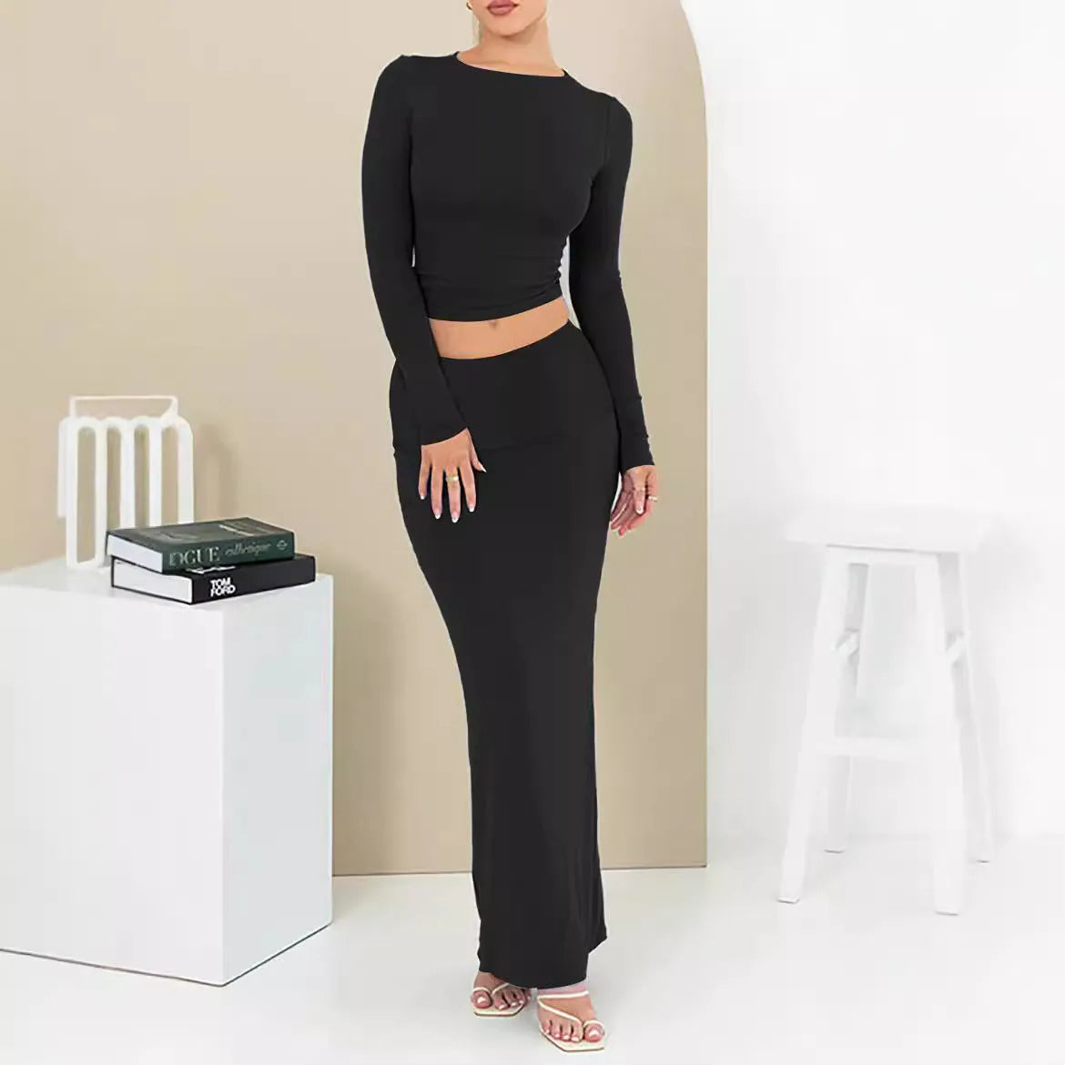 Women's autumn two-piece suit with three-quarter sleeve top and long skirt in pure colour options