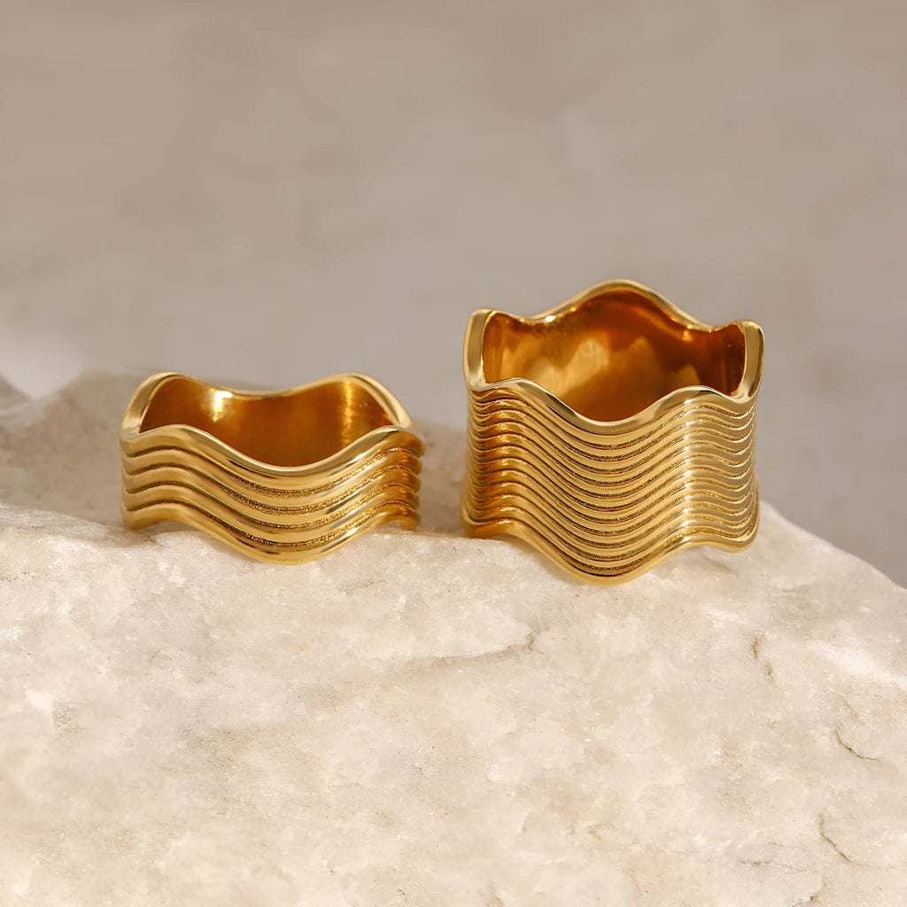 Stainless steel geometric wave pattern ring for women with wide band design