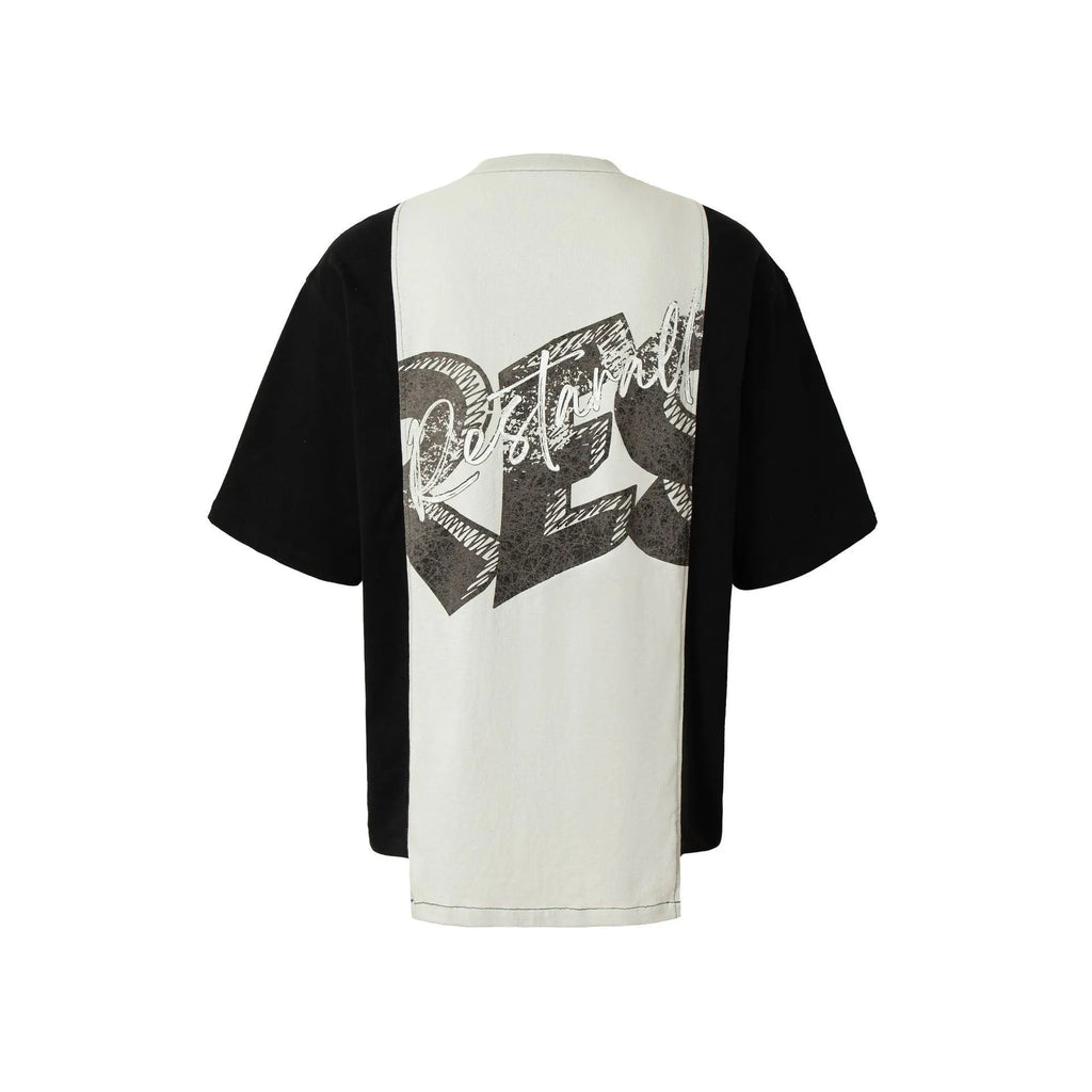 Men's black and white deconstruction printed cotton blend t-shirt with loose fit short sleeves