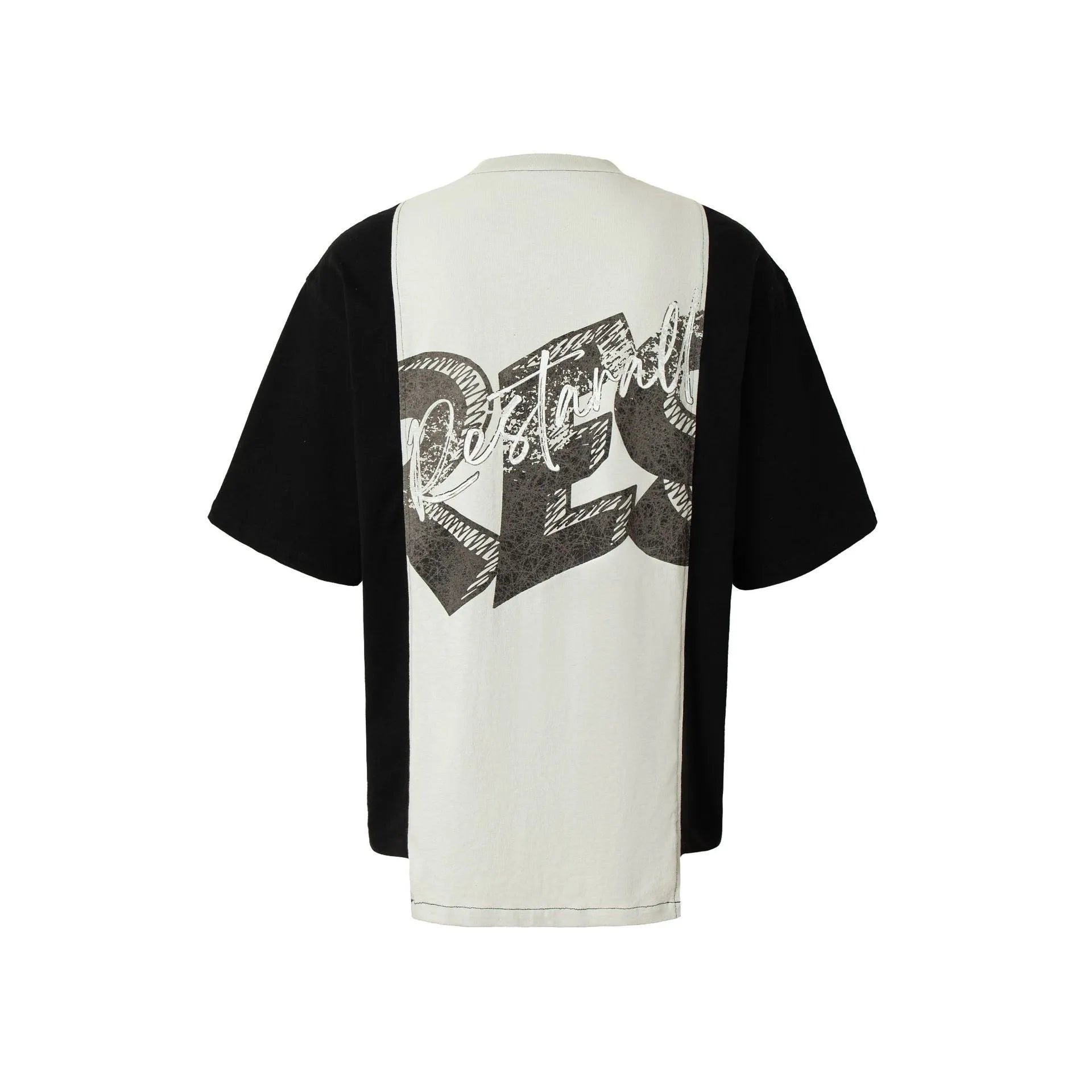 Men's black and white deconstruction printed cotton blend t-shirt with loose fit short sleeves