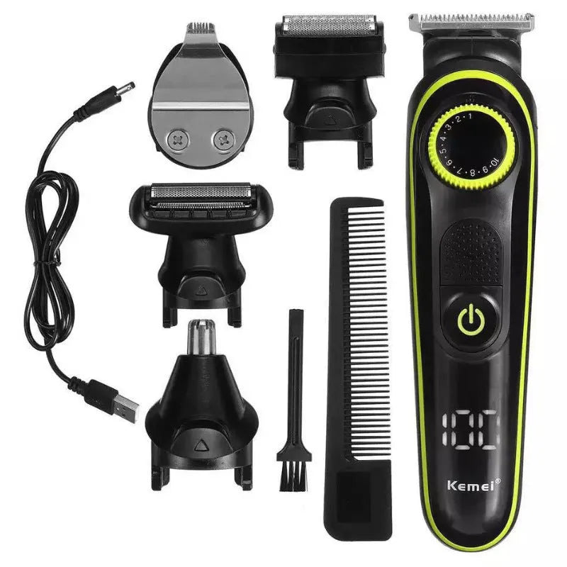 Black KM-696 rechargeable electric hair clipper with USB charging cable and cleaning brush