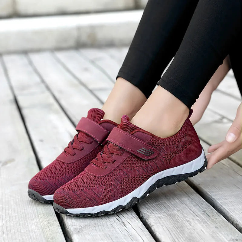 Women's low top wedge heel shoes with mesh upper and Velcro fastening in four colour options