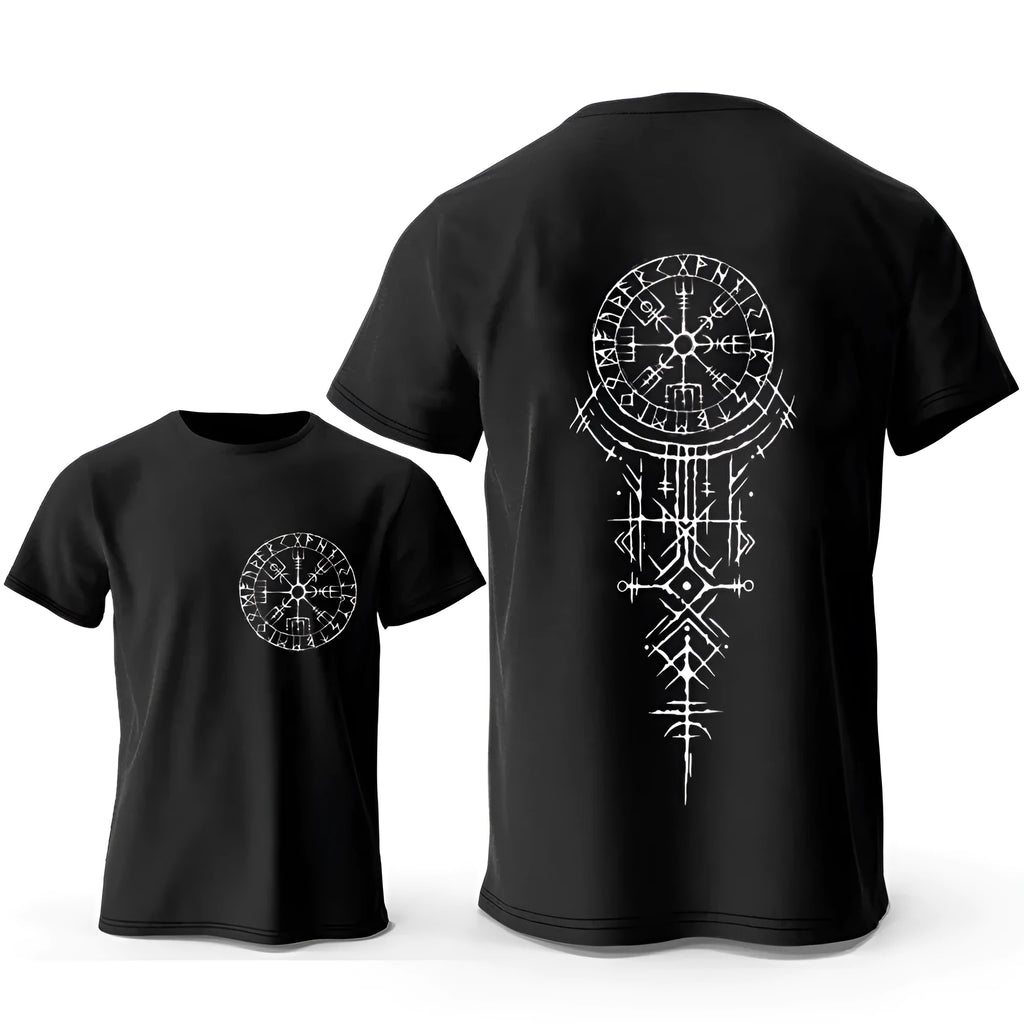 Men's grey cotton T-shirt with a detailed white Viking rune compass graphic print on the chest.