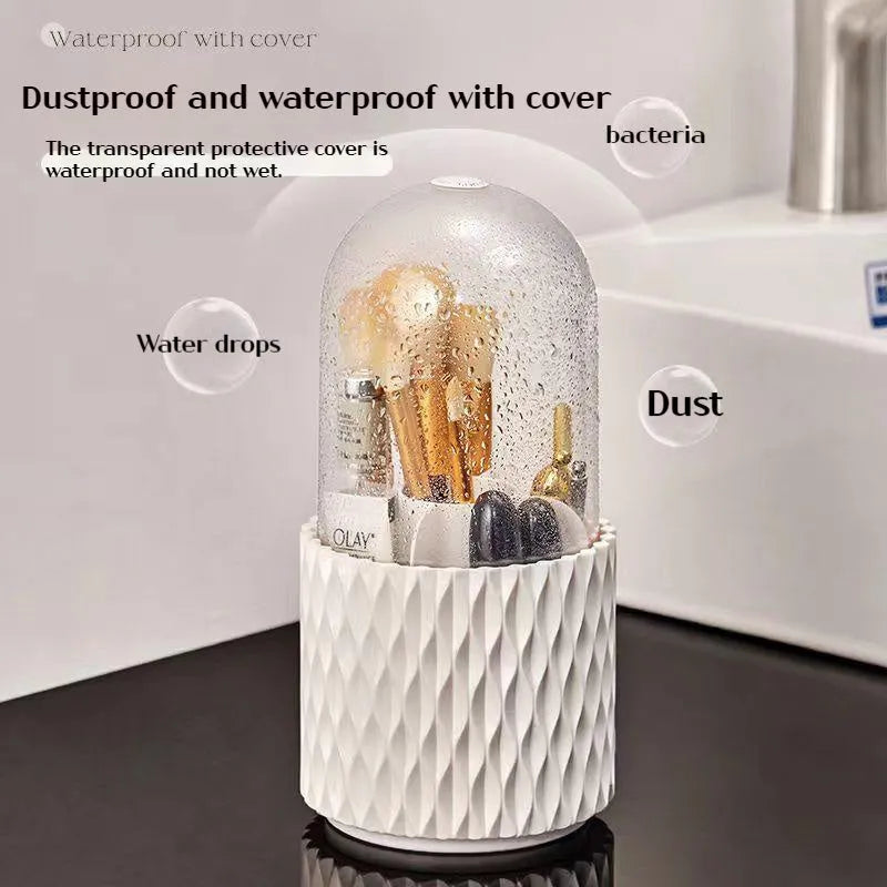 White rotating acrylic makeup brush storage holder with transparent design and dust cover