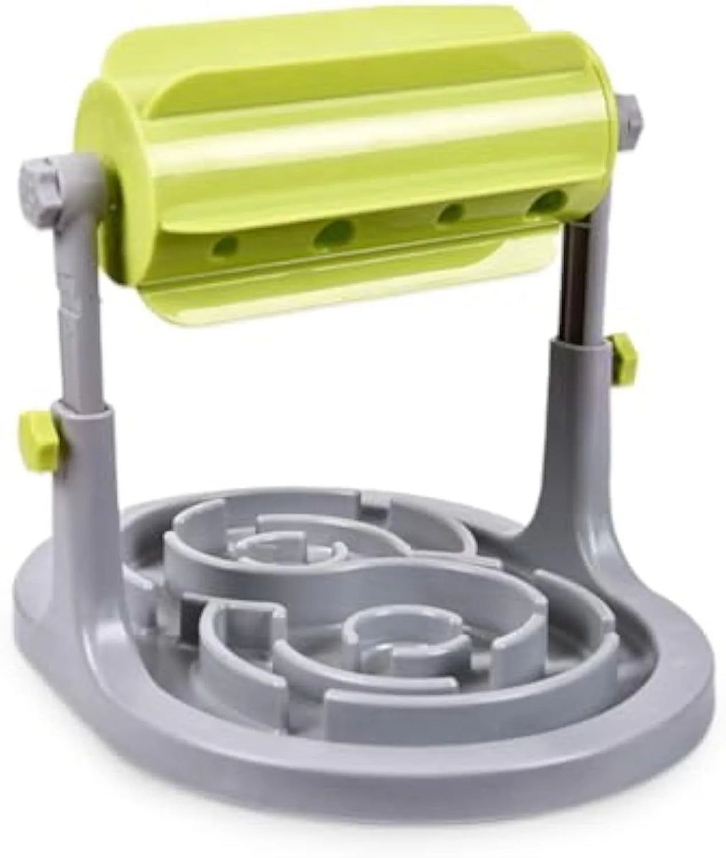 Interactive pet puzzle feeder bowl with adjustable height in blue, green, and pink colour options