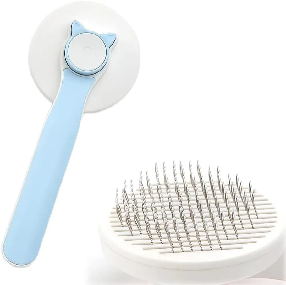Self cleaning cat brush with blue rubber handle and metal pins with round tips