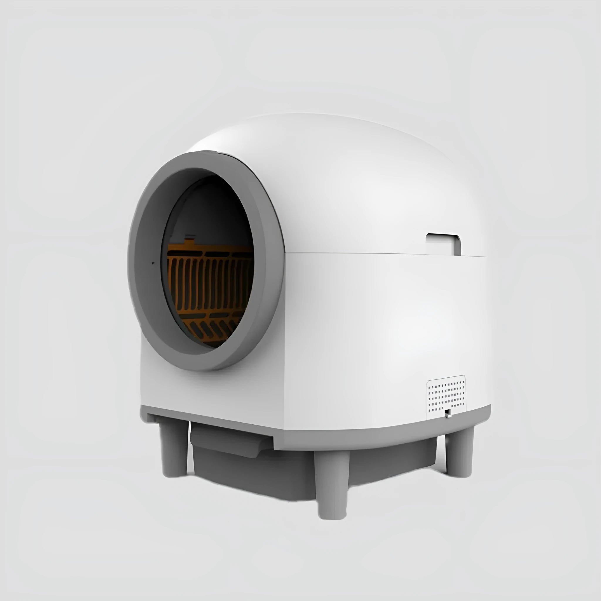 White automatic enclosed cat litter box with dimensions 556mm by 512mm by 590mm.