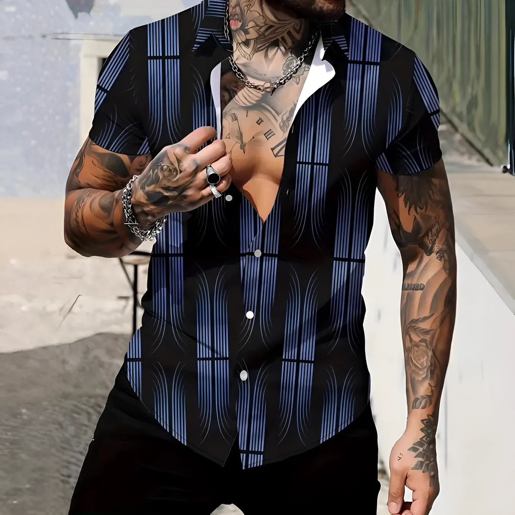 Men's slim fit short sleeve shirt featuring a geometric line print on the lapel.