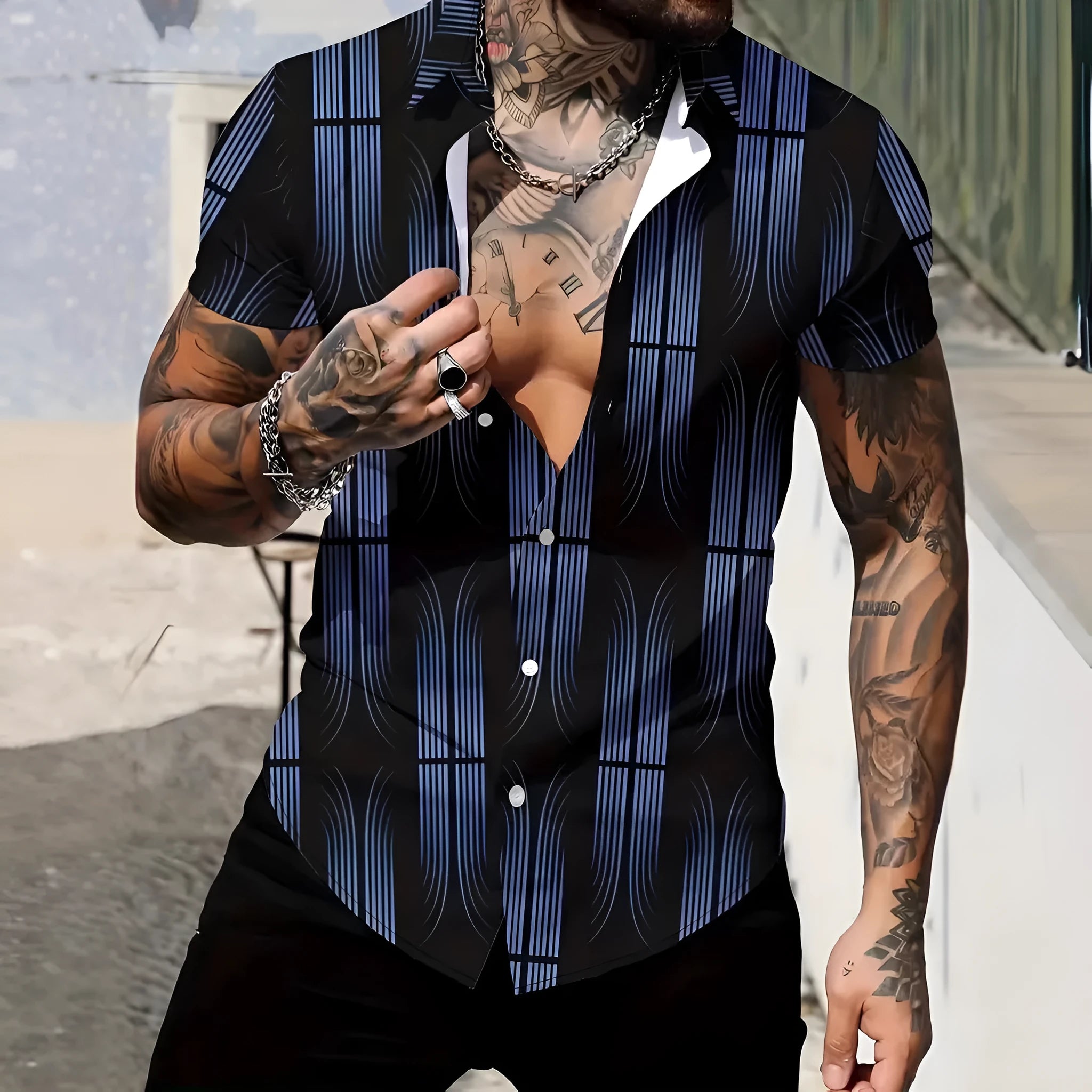 Men's slim fit short sleeve shirt featuring a geometric line print on the lapel.