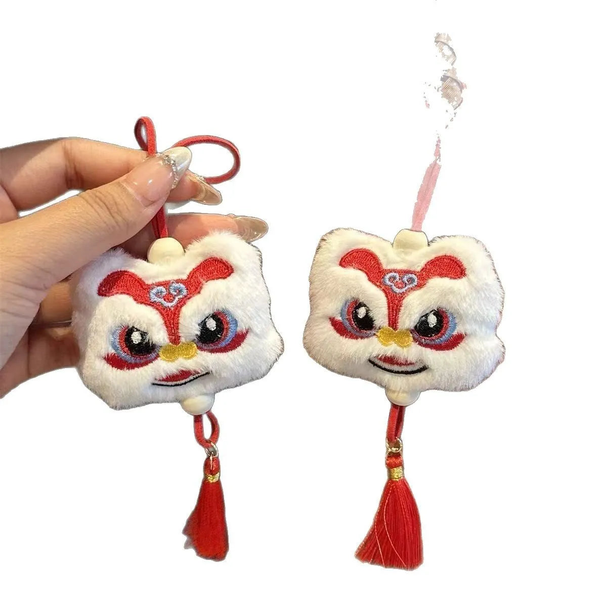 Chinese style blue plush lion keychain ornament with star stone decorations and tassel