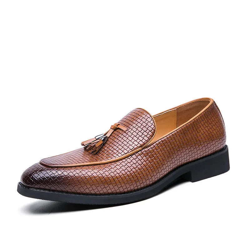 Men's black pointed toe slip-on business shoes with tassel detail on artificial PU upper