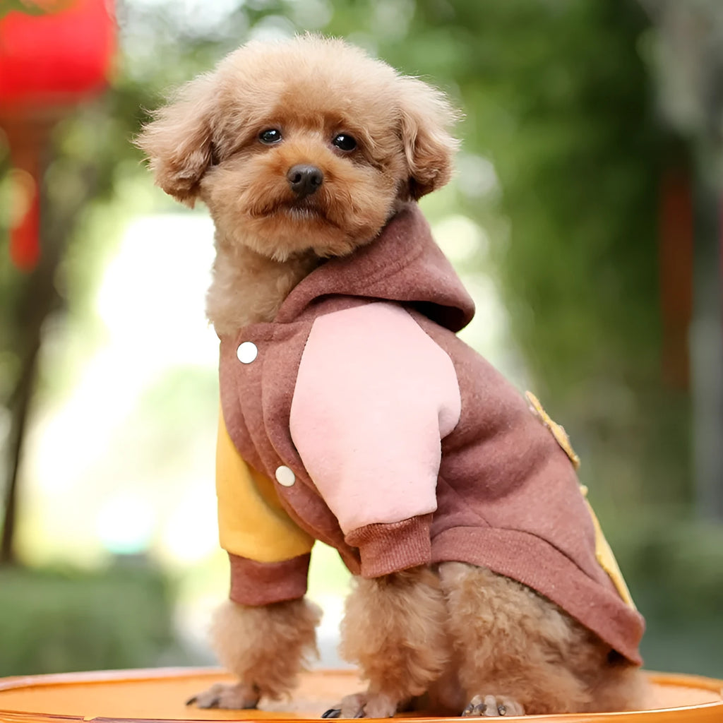 Cotton dog sweatshirt pet clothing in brown, green, or pink colours for canine leisure wear