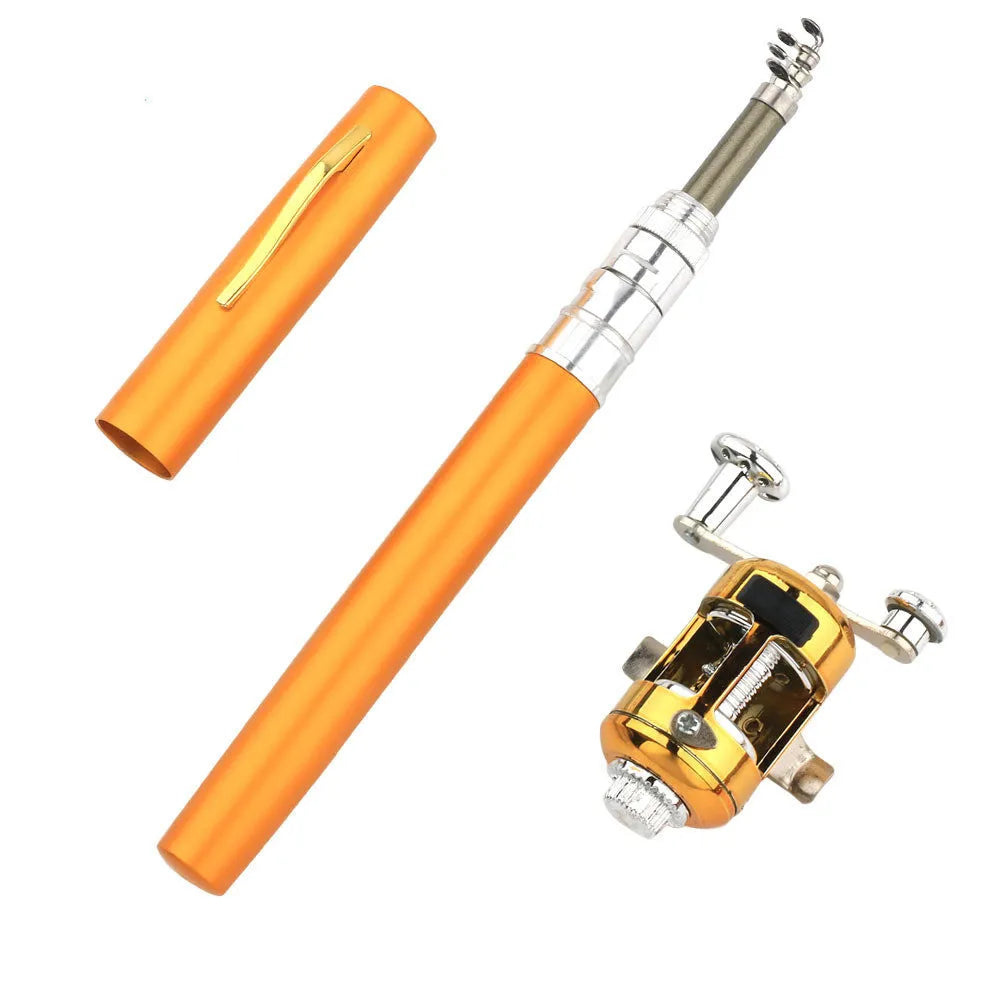 Gold telescopic pocket fishing rod extended to 1m next to its 20.5cm collapsed form and ST5RL spinning reel.