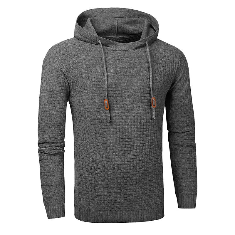 Men's hoodie sweater in a cotton-polyester blend, shown in one of nine available colours.