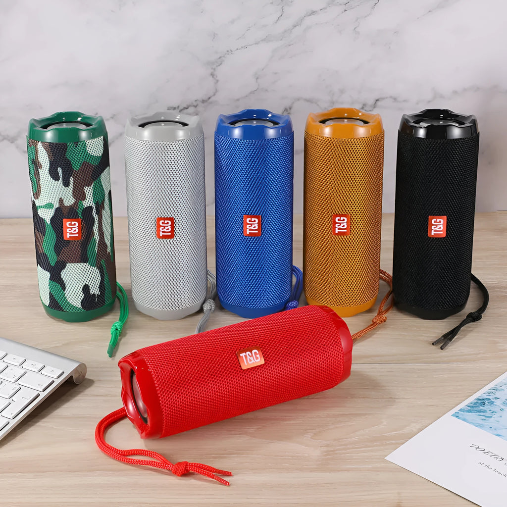 Fabric covered portable Bluetooth speaker with integrated card holder in multiple colour options