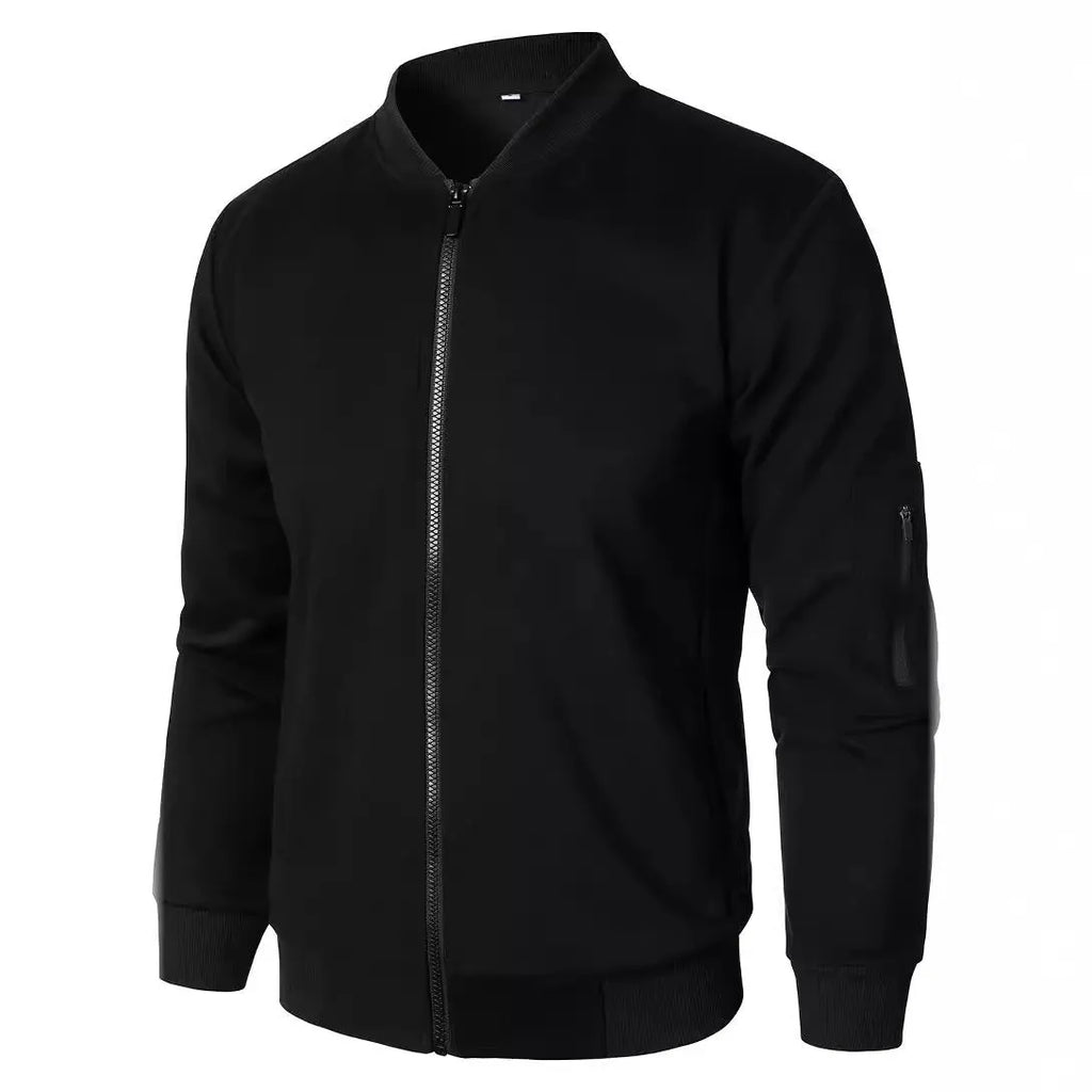 Men's loose fit cotton knitted jacket in light business style, shown in black, blue, or grey.
