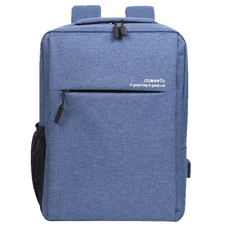 Black waterproof rechargeable laptop backpack with shoulder straps, showing front compartment