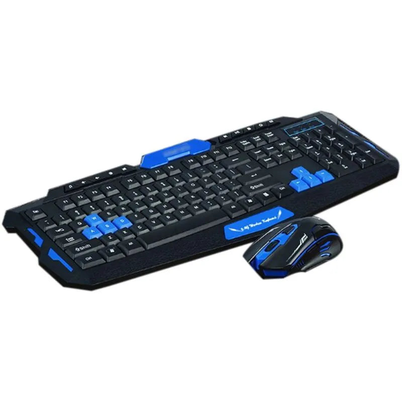 Black and blue wireless keyboard and mouse set on a desk.