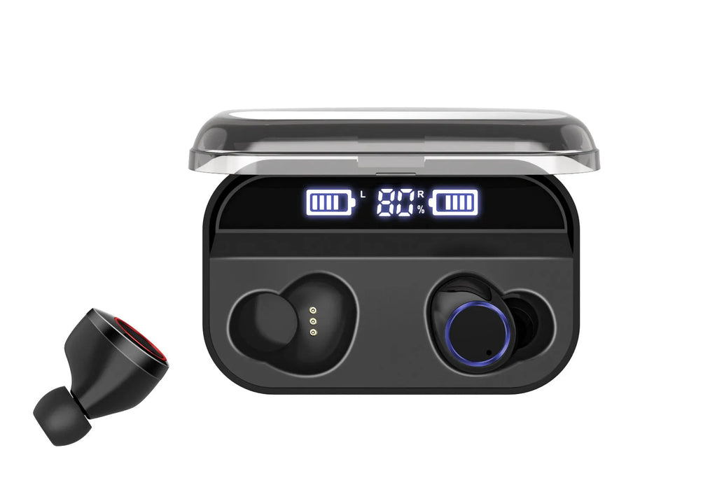 Black X11 Sky-Free true wireless Bluetooth earbuds with compact charging case on a white background.