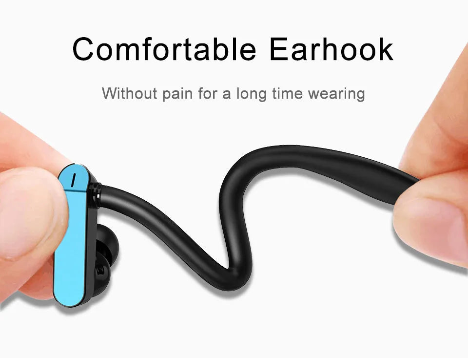 PTM TS27 sport ear hooks with microphone in black and blue, showing flexible over-ear design and silicone earbud covers.