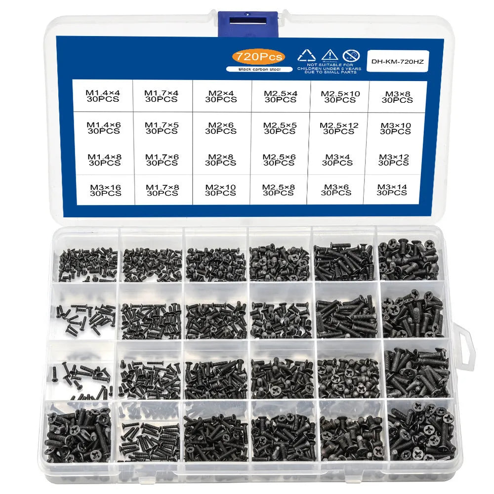 Black laptop repair screw set with countersunk head machine screws on a white background.