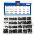 Black laptop repair screw set with countersunk head machine screws on a white background.