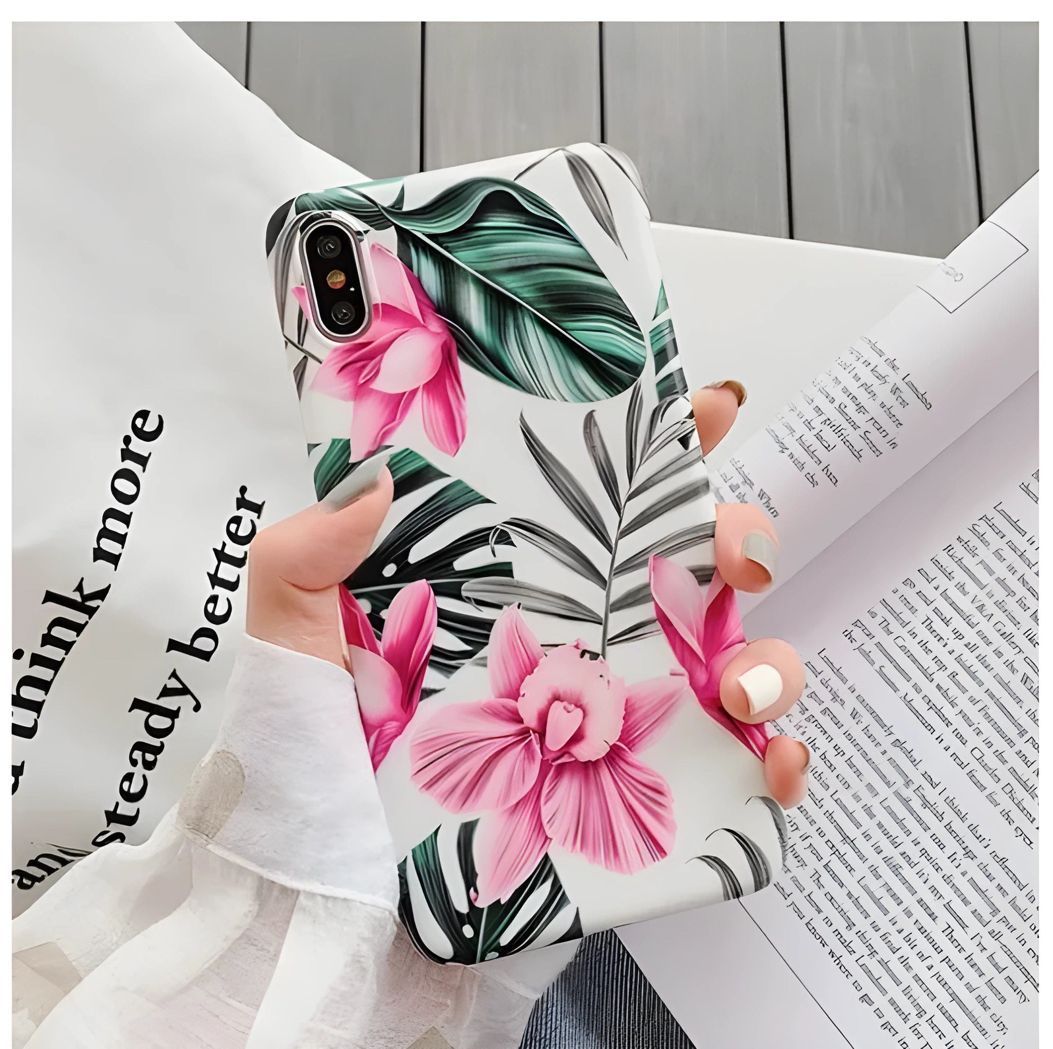 Pink flowers pattern floral design TPU phone case for Apple iPhone models on white background