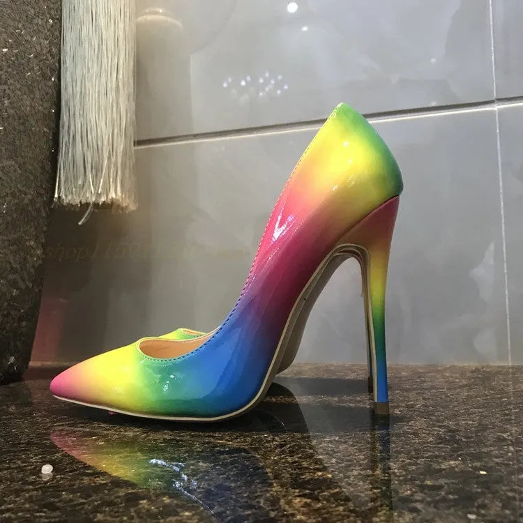 Rainbow coloured patent leather women's stiletto shoes with pointed toe and thin high heel