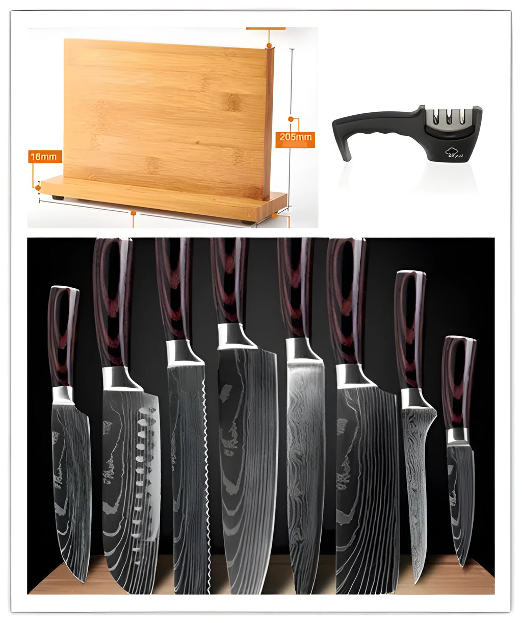 Eight-piece kitchen knife set with separate Damascus steel chef knife and high carbon steel vegetable knife on a wooden board.
