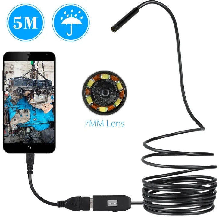 OWSOO USB endoscope with 7mm camera, 5m cable, hook, magnet, and side audition tools on a white background.