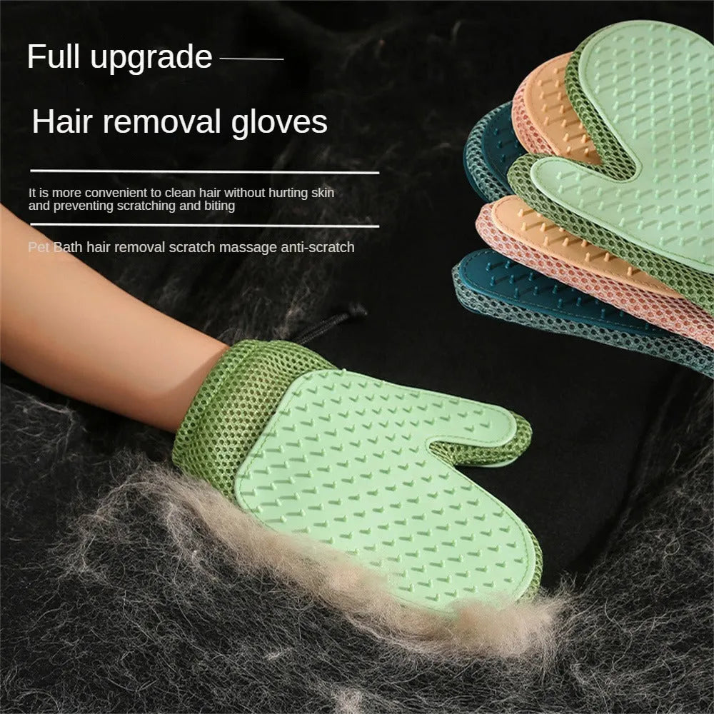 Right hand pet hair remover glove in dark blue, light green, or yellow on a fabric sofa.