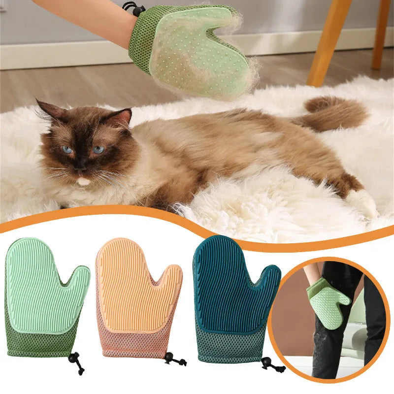 Right hand pet hair remover glove in dark blue, light green, or yellow on a fabric sofa.