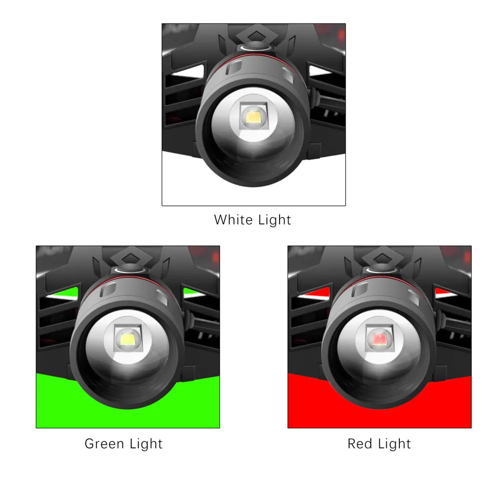 T6 LED zoom headlamp showing white, red, and green light modes on a head strap.