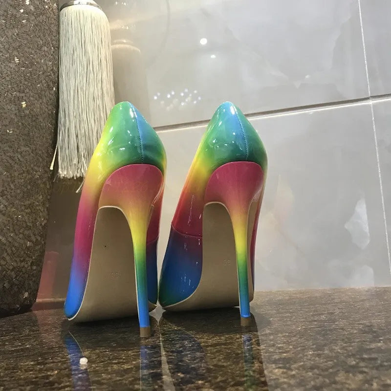 Rainbow coloured patent leather women's stiletto shoes with pointed toe and thin high heel