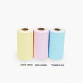 Three rolls of 57mm thermal printing paper in pink, yellow and blue packaging