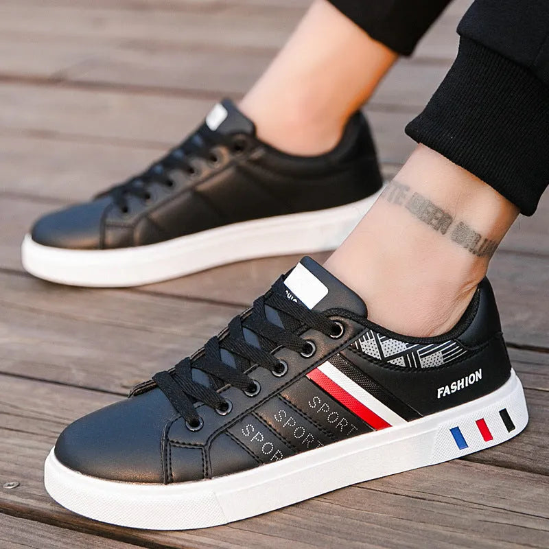 Men's black, grey, and white sports shoes shown with a size chart listing sizes 39-44 and foot lengths 245mm-270mm.