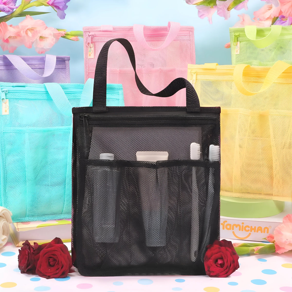 Large black and pink polyester sports bag with wet-dry separation and an external mesh pocket.