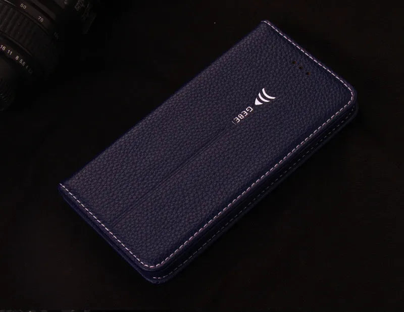 Black PU leather wallet case open to show iPhone slot and credit card holders