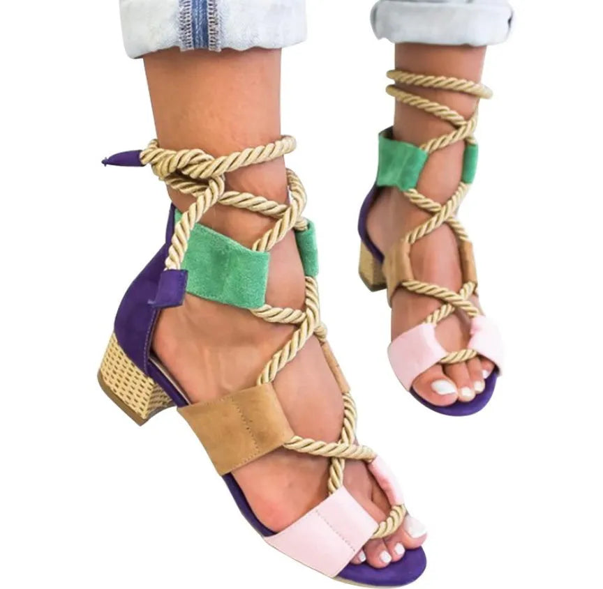 Women's beige suede sandals with front and ankle straps, thick 3-5cm heel.