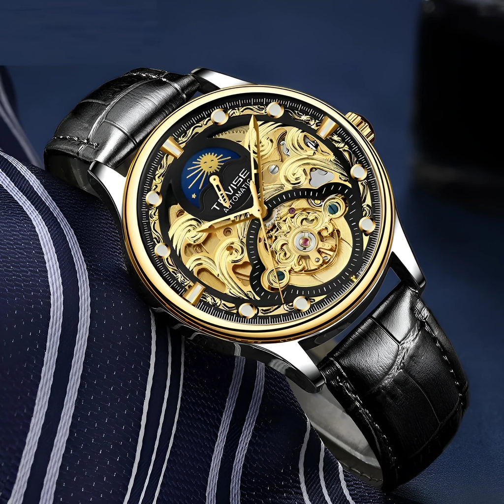 Men's gold and white leather strap waterproof automatic business watch
