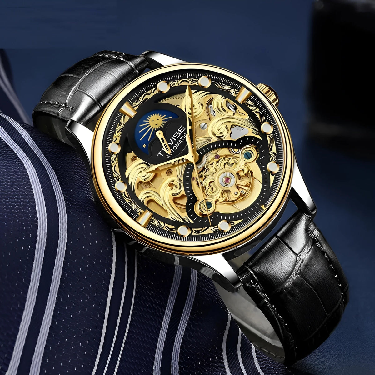 Men's gold and white leather strap waterproof automatic business watch