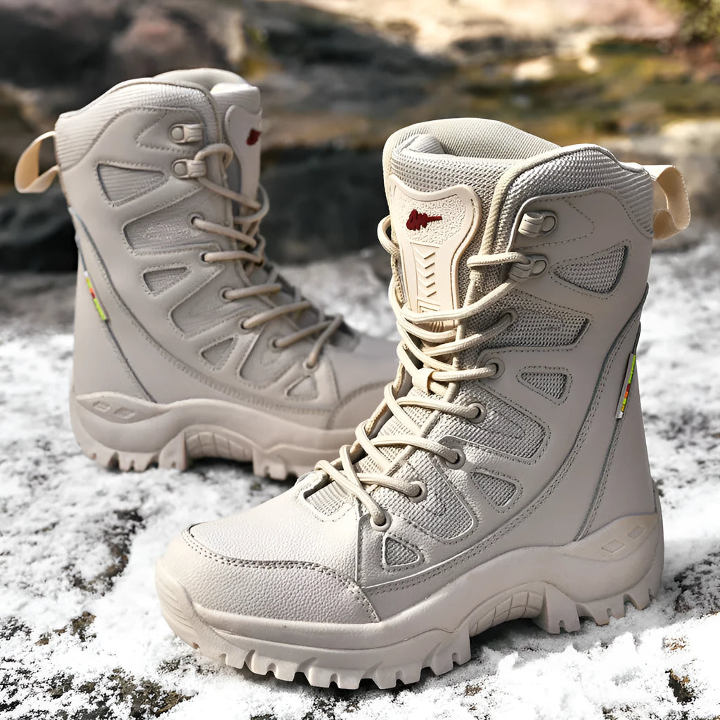 Cowhide leather hi-top hiking shoes in black brown beige colours