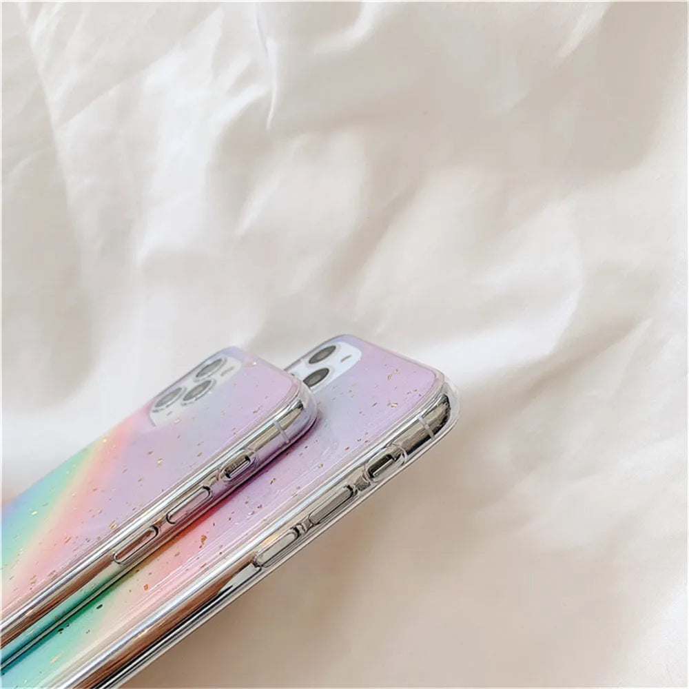 Rainbow gradient iPhone case with horizontal stripes on a white background