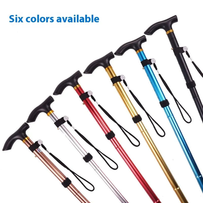 Aluminum alloy folding walking cane extended to show adjustable height mechanism and non-slip handle