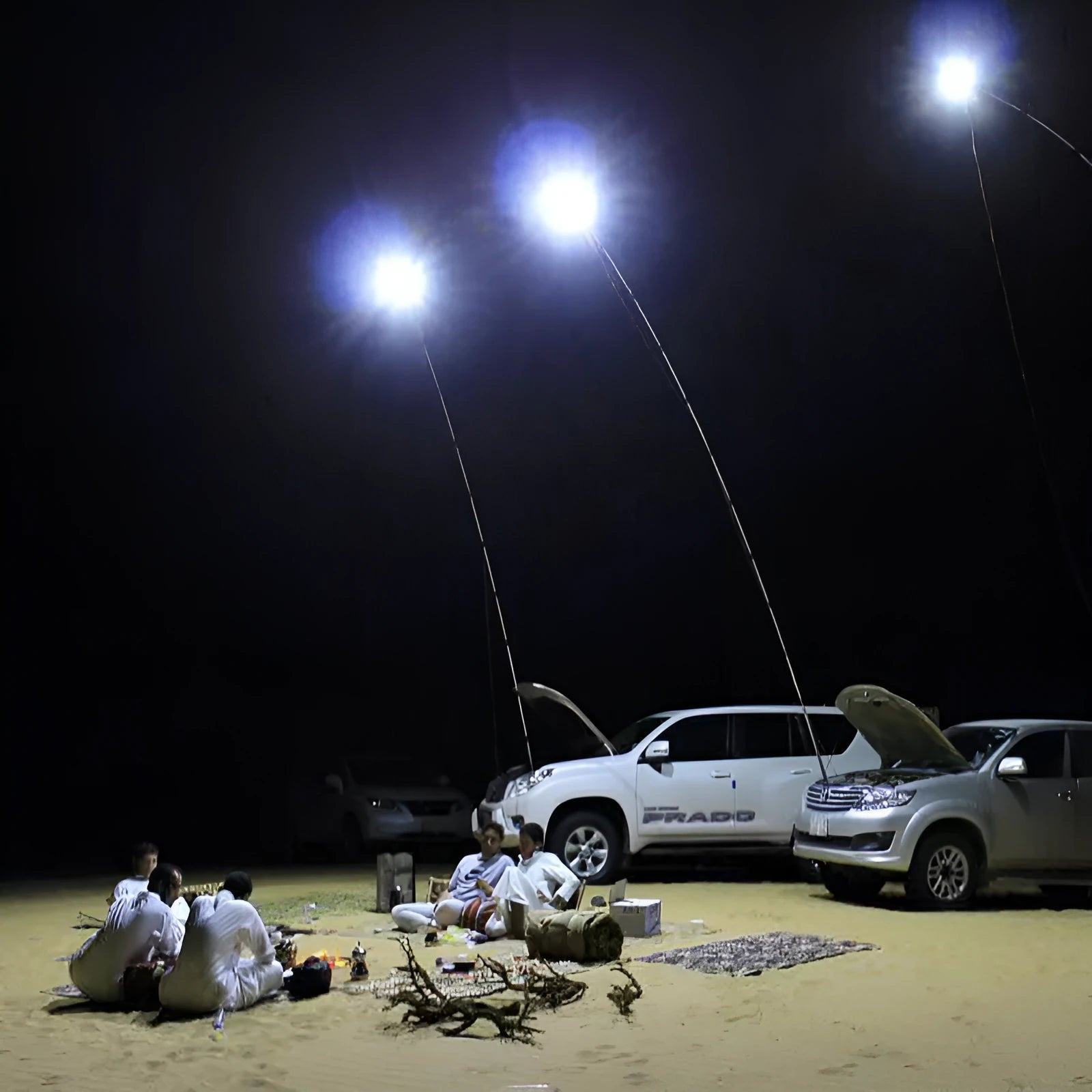 White LED fishing rod light unit mounted on top of an extended telescopic pole, with an RF remote control beside it.