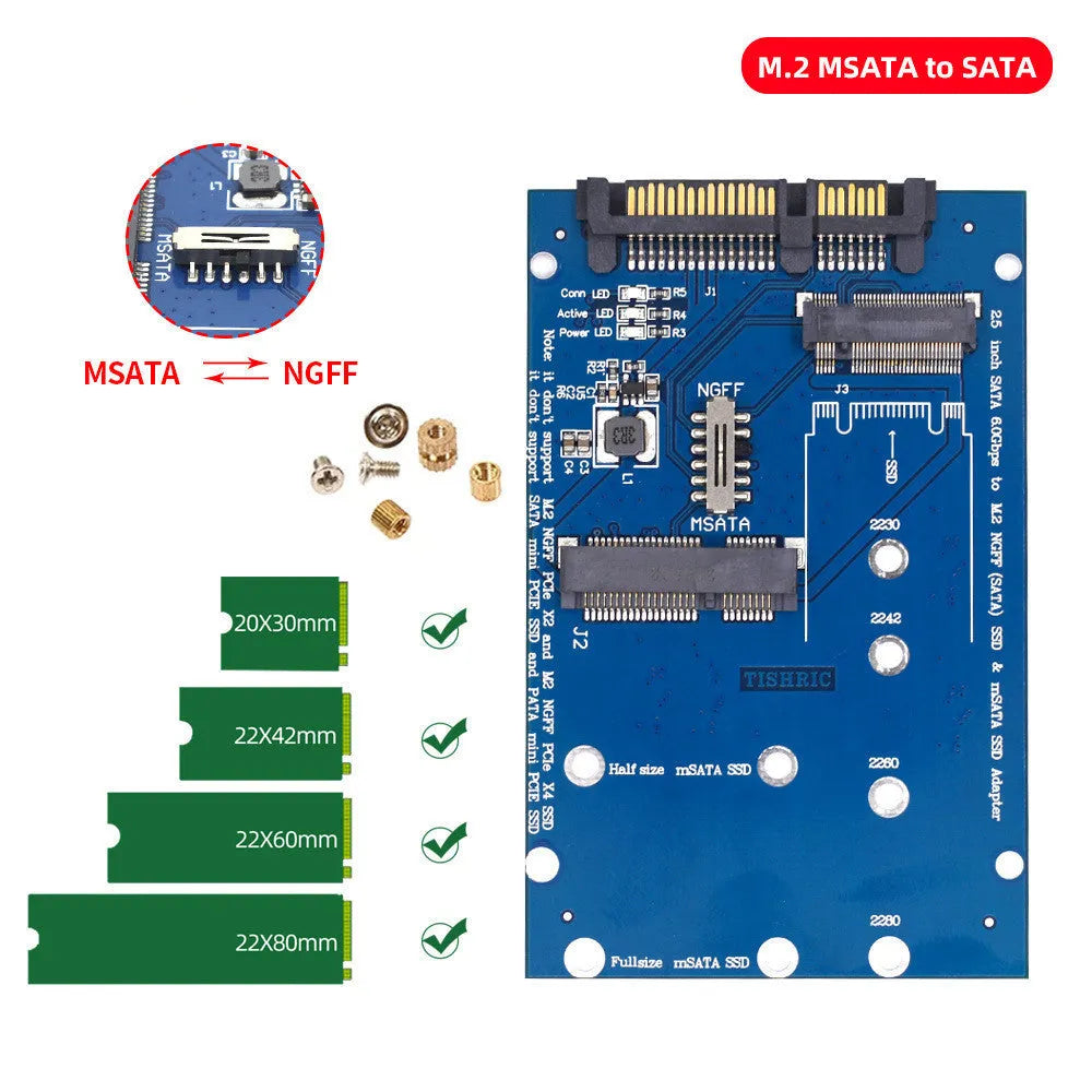 Black or blue SATA3 to M.2 NGFF MSATA SSD conversion card adapter with mounting holes for different SSD lengths