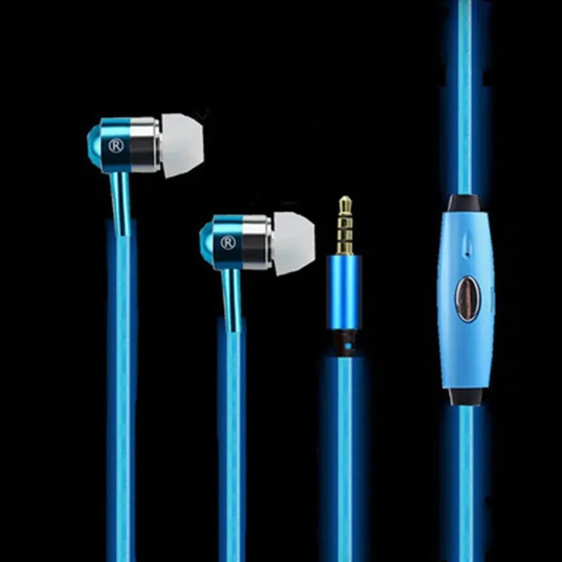 Blue LED light-up earphones with 3.5mm plug and inline remote microphone for iPhone and Android phones.