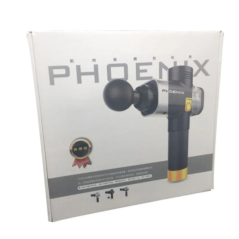 Black fascia massage gun with four removable heads on a grey background