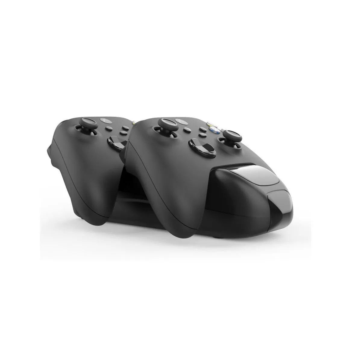 Black Xbox Series X/S wireless controller charging dock showing two controllers charging with LED status lights.